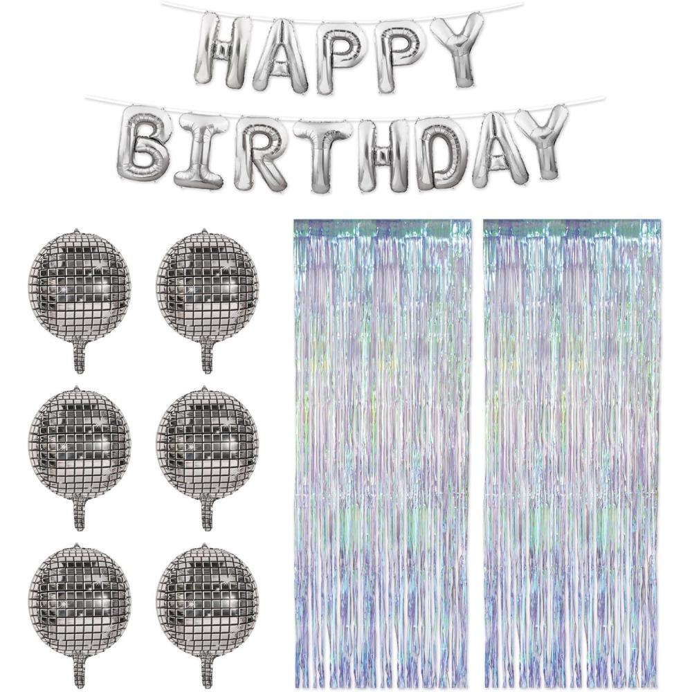 image:imageBeistle Disco Birthday Backdrop Bundle  Silver Metallic Happy Birthday Balloon Banner 6 Foil Disco Ball Balloons amp 2 Iridescent Fringe Curtains Photo Booth Dcor for Dance Party Celebrations
