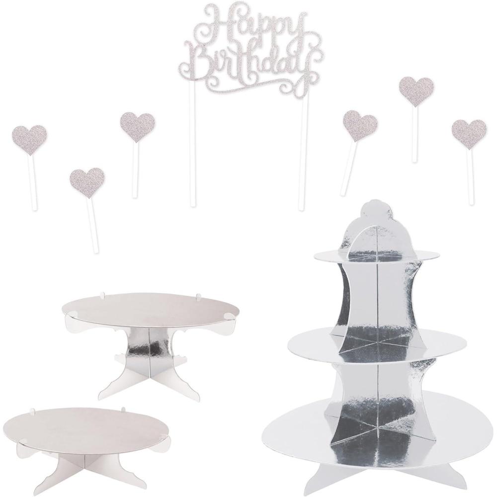 image:imageBeistle Silver Birthday Dessert Table Display Bundle  Glitter Happy Birthday Cake Topper with Heart Picks Metallic Cupcake Stand amp 2 Cake Stands Buffet amp Treat Table Dcor for Birthday Parties