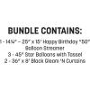 Beistle 50th Birthday Backdrop Bundle – Gold “Happy Birthday 50” Foil Balloon Banner, Star Balloons with Tassels & 2 Black Fringe Curtains, 8’ x 3’, Photo Booth Wall Décor for Milestone Parties
