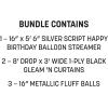 Beistle Black & Silver Birthday Backdrop Bundle – Script “Happy Birthday” Foil Balloon Streamer, 3 Metallic Fluff Balls & 2 Fringe Curtains, 8’ x 3’, Wall Décor for Photo Booths & Selfie Stations
