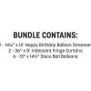 Beistle Disco Birthday Backdrop Bundle – Silver Metallic “Happy Birthday” Balloon Banner, 6 Foil Disco Ball Balloons & 2 Iridescent Fringe Curtains, Photo Booth Décor for Dance Party Celebrations