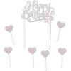 Beistle Silver Birthday Dessert Table Display Bundle – Glitter “Happy Birthday” Cake Topper with Heart Picks, Metallic Cupcake Stand & 2 Cake Stands, Buffet & Treat Table Décor for Birthday Parties