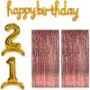 Beistle 21st Birthday Backdrop Bundle – Gold Script “Happy Birthday” Balloon Banner, Self-Standing “21” Number Balloons & 2 Rose Gold Fringe Curtains, 8’ x 3’, Milestone Party Photo Booth Wall Décor