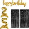 Beistle 25th Birthday Backdrop Bundle – Gold Script “Happy Birthday” Balloon Banner, Self-Standing “25” Number Balloons & 2 Black Fringe Curtains, Milestone Party Decoration Set for Photo Booth Wall