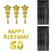 Beistle 50th Birthday Backdrop Bundle – Gold “Happy Birthday 50” Foil Balloon Banner, Star Balloons with Tassels & 2 Black Fringe Curtains, 8’ x 3’, Photo Booth Wall Décor for Milestone Parties