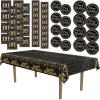 Beistle 60th Birthday Party Tableware Kit – Black and Gold Sixtieth Milestone Celebration Décor Set with Plates, Napkins & Tablecover, 60 Birthday Decorations with Metallic Confetti Design, Serves 16