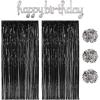 Beistle Black & Silver Birthday Backdrop Bundle – Script “Happy Birthday” Foil Balloon Streamer, 3 Metallic Fluff Balls & 2 Fringe Curtains, 8’ x 3’, Wall Décor for Photo Booths & Selfie Stations