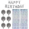 Beistle Disco Birthday Backdrop Bundle – Silver Metallic “Happy Birthday” Balloon Banner, 6 Foil Disco Ball Balloons & 2 Iridescent Fringe Curtains, Photo Booth Décor for Dance Party Celebrations