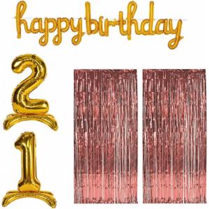 Beistle 21st Birthday Backdrop Bundle – Gold Script “Happy Birthday” Balloon Banner, Self-Standing “21” Number Balloons & 2 Rose Gold Fringe Curtains, 8’ x 3’, Milestone Party Photo Booth Wall Décor
