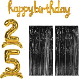 Beistle 25th Birthday Backdrop Bundle – Gold Script “Happy Birthday” Balloon Banner, Self-Standing “25” Number Balloons & 2 Black Fringe Curtains, Milestone Party Decoration Set for Photo Booth Wall