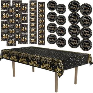 Beistle 30th Birthday Party Tableware Kit – Black and Gold Thirtieth Milestone Celebration Décor Set with Plates, Napkins & Tablecover, 30 Birthday Decorations with Metallic Confetti Design, Serves 16