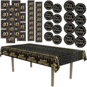 Beistle 40th Birthday Party Tableware Kit – Black and Gold Fortieth Milestone Celebration Décor Set with Plates, Napkins & Tablecover, 40 Birthday Decorations with Metallic Confetti Design, Serves 16