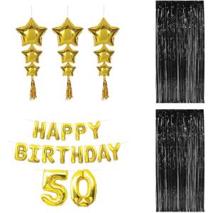 Beistle 50th Birthday Backdrop Bundle – Gold “Happy Birthday 50” Foil Balloon Banner, Star Balloons with Tassels & 2 Black Fringe Curtains, 8’ x 3’, Photo Booth Wall Décor for Milestone Parties