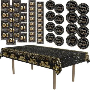 Beistle 60th Birthday Party Tableware Kit – Black and Gold Sixtieth Milestone Celebration Décor Set with Plates, Napkins & Tablecover, 60 Birthday Decorations with Metallic Confetti Design, Serves 16