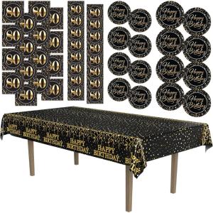 Beistle 80th Birthday Party Tableware Kit – Black and Gold Eightieth Milestone Celebration Décor Set with Plates, Napkins & Tablecover, 80 Birthday Decorations with Metallic Confetti Design, Serves 16