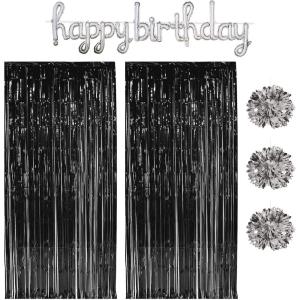 Beistle Black & Silver Birthday Backdrop Bundle – Script “Happy Birthday” Foil Balloon Streamer, 3 Metallic Fluff Balls & 2 Fringe Curtains, 8’ x 3’, Wall Décor for Photo Booths & Selfie Stations