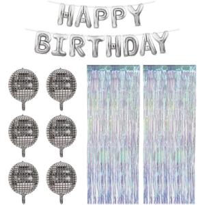 Beistle Disco Birthday Backdrop Bundle – Silver Metallic “Happy Birthday” Balloon Banner, 6 Foil Disco Ball Balloons & 2 Iridescent Fringe Curtains, Photo Booth Décor for Dance Party Celebrations