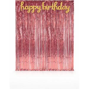 Beistle Rose Gold Birthday Backdrop Bundle – Gold Script “Happy Birthday” Foil Balloon Streamer & 2 Pink Fringe Curtains, 8’ x 3’, Wall Décor for Photo Booths, Milestone Parties & Selfie Stations