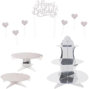 Beistle Silver Birthday Dessert Table Display Bundle – Glitter “Happy Birthday” Cake Topper with Heart Picks, Metallic Cupcake Stand & 2 Cake Stands, Buffet & Treat Table Décor for Birthday Parties