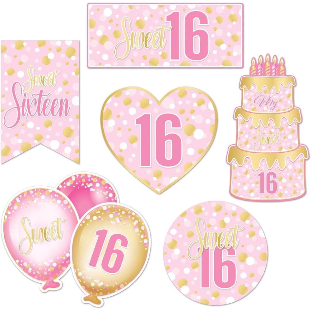 image:imageBeistle Sweet 16 Cutouts 12 Pack Cardstock Decorations DoubleSided Pink amp Gold Sweet Sixteen Cutout Set Balloons Cake amp Heart Designs for Birthday Displays Party Dcor amp Photo Props 612