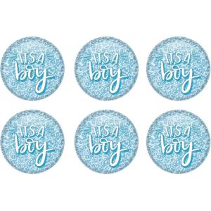 Beistle It’s A Boy Buttons – 6 Pack, Printed Celebration Buttons with Pin Back, Blue Sparkle Design, Decorative Wearable Accessories for Baby Shower Celebrations and Gender Reveal Parties, 2″