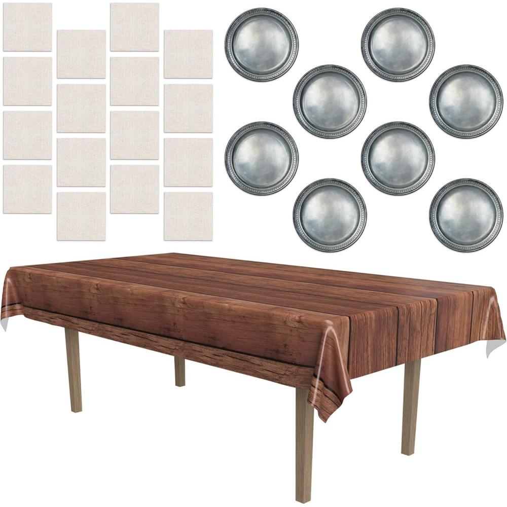 image:imageBeistle Medieval Party Tableware Bundle  Wooden Printed Plastic Tablecover Pewter Paper Plates amp Muslin 2Ply Luncheon Napkins Classic Rustic Dcor for Renaissance Fairs Banquets Birthday Parties