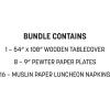 Beistle Medieval Party Tableware Bundle – Wooden Printed Plastic Tablecover, Pewter Paper Plates & Muslin 2-Ply Luncheon Napkins, Classic Rustic Décor for Renaissance Fairs, Banquets, Birthday Parties