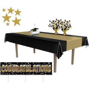 Beistle Graduation Party Decoration Kit – 2 Plastic Table Centerpieces, Congratulations Yard Sign with Stakes, 2 Black & Gold Striped Table Covers, Glittered Foil Star Cutouts, Grad Cap Photo Holder