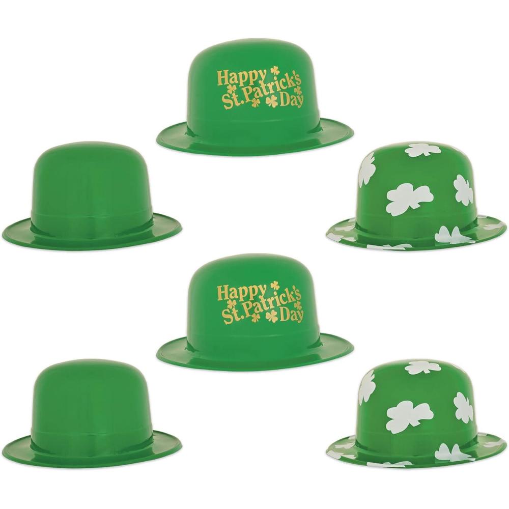 image:imageBeistle Plastic St Patricks Day Derby Hats Set of 6 Green with Shamrock Design Irish Party Accessories for Parades Pub Crawls Festive Events and Holiday Celebrations