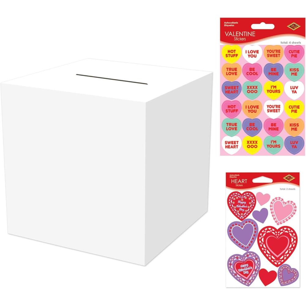 image:imageBeistle Valentines Day Card Box amp Sticker Bundle  9 x 9 White Collection Box with 6 Sheets of Candy Hearts amp Decorative Heart Stickers for Valentine Exchanges Parties Mailbox Decorating amp Crafts