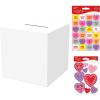 Beistle Valentine’s Day Card Box & Sticker Bundle – 9″ x 9″ White Collection Box with 6 Sheets of Candy Hearts & Decorative Heart Stickers for Valentine Exchanges, Parties, Mailbox Decorating & Crafts