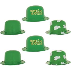 Beistle Plastic St Patrick’s Day Derby Hats, Set of 6 Green with Shamrock Design, Irish Party Accessories for Parades Pub Crawls Festive Events and Holiday Celebrations