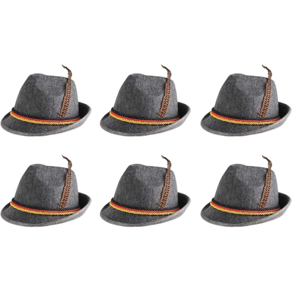 image:imageBeistle German Alpine Hats 6Count Traditional Gray Felt Bavarian Hats with Real Feather and German Flag Rope Detail for Oktoberfest Beer Festivals and Themed Celebrations