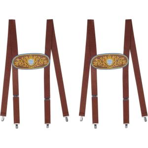 Beistle 2-Pack Bavarian Suspenders, Brown/Blue/Gold/White German Elastic Straps with Metal Clips & Front Fabric Design, Oktoberfest Costume, One Size(Brown/Blue/Gold/White)