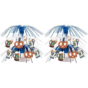 Beistle Set of 2 Mini Cascade Oktoberfest Centerpieces, 7.5”- Metallic Silver and Blue Plastic Fringe with Pretzels and Steins, German Themed Beer Festival Bavarian Party Table Decorations