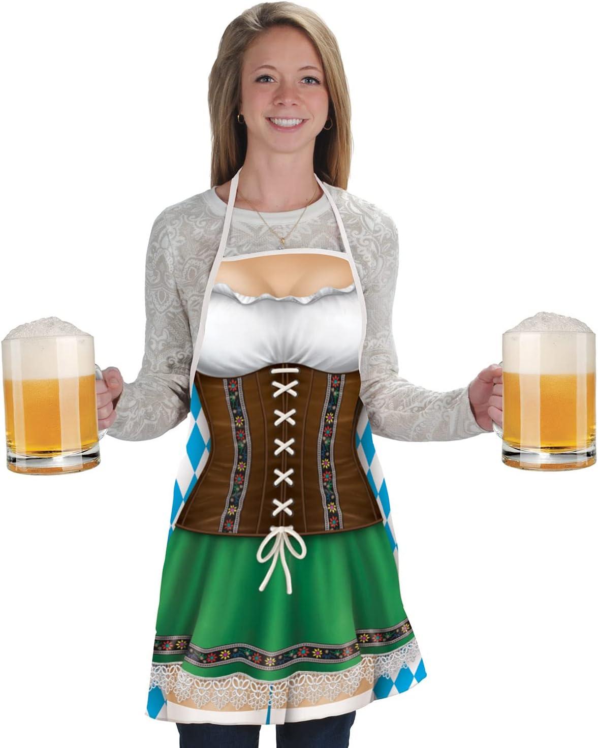 image:imageBeistle Fraulein Fabric Novelty Aprons 3Pack Costume Fabric Aprons with Bavarian Dirndl Print Neck Strap and Waist Ties for Oktoberfest Parties German Themed Events or Cooking Fun Adult Size