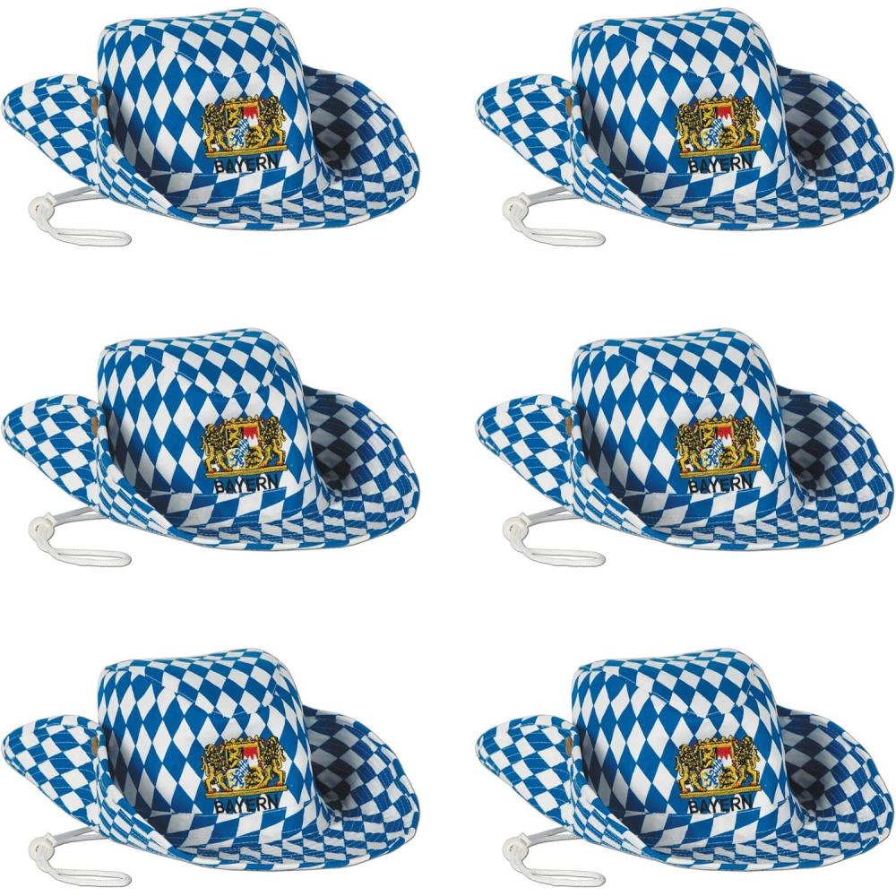 image:imageBeistle Oktoberfest Outback Hats 6Pack Blue and White Bavarian Print Costume Accessories with Adjustable Chin Strap for German Beer Festivals Parties and Celebrations One Size