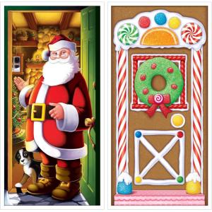 Beistle Christmas Door Cover Set – 2 Pack, Gingerbread House & Santa Scene, All-Weather Front Door Decorations, Festive Holiday Backdrop, Entryway Décor for Homes, Offices & Winter Parties, 5′ × 30″