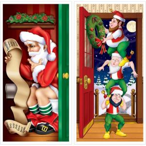 Beistle Christmas Door Cover Set – 2 Pack, Santa Restroom & Christmas Elves, All-Weather Front Door Decorations, Funny Holiday Entryway Décor for Homes, Offices, Festive Parties, and Events, 5′ x 30″