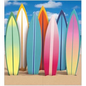 Beistle Surfboard Photo Prop – Freestanding Beach Scene Decoration, Cardboard Surfer Display with Attached Easel for Tropical & Summer Events, Photo Booth Backdrops & Hawaiian Luau Parties, 7′ x 6′