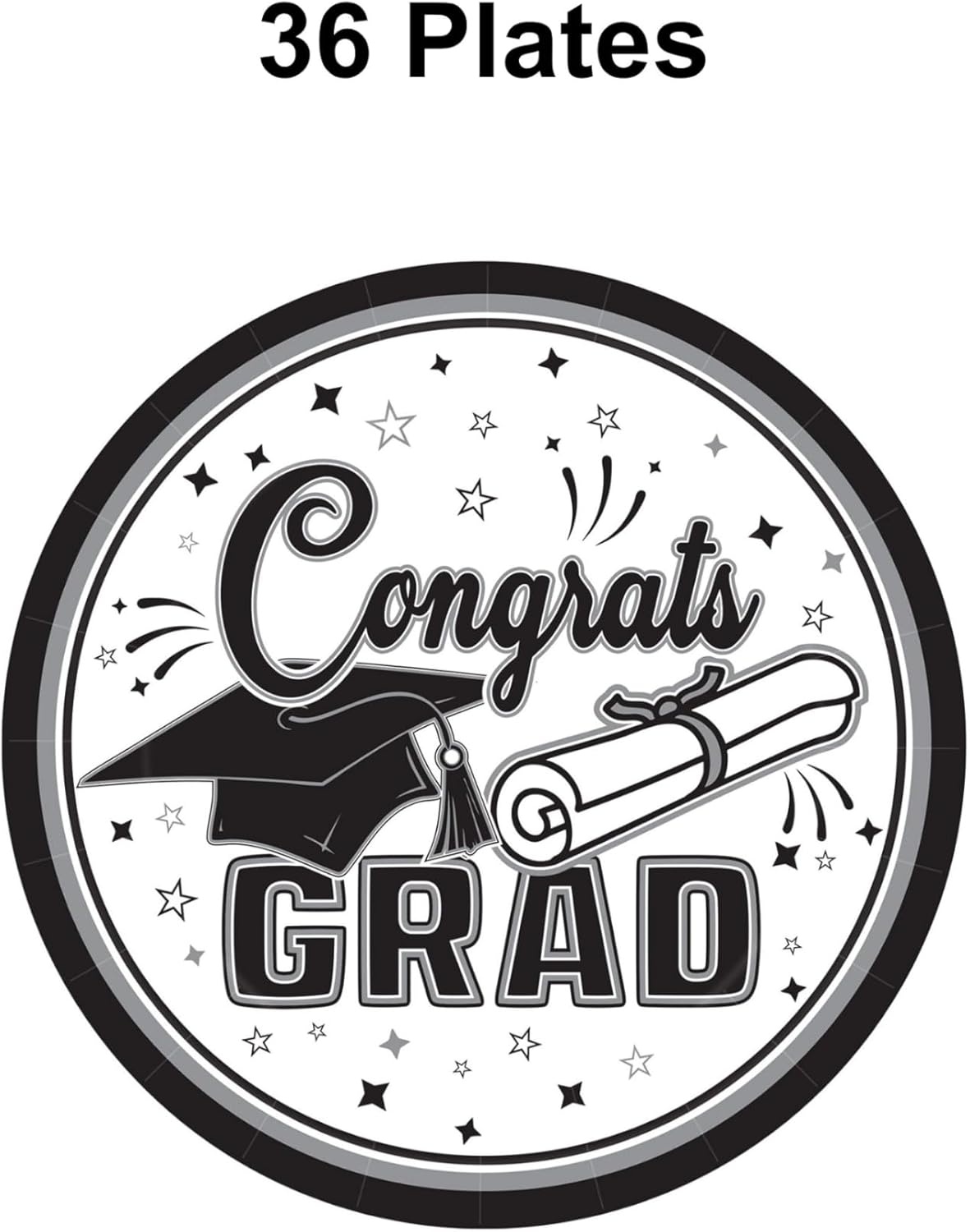 image:imageBeistle Black Congrats Grad Paper Plates 36 Pack Graduation Disposable Party Tableware with Cap and Diploma Design Round Dinner Plates for Commencement Celebrations and Graduate Parties 7