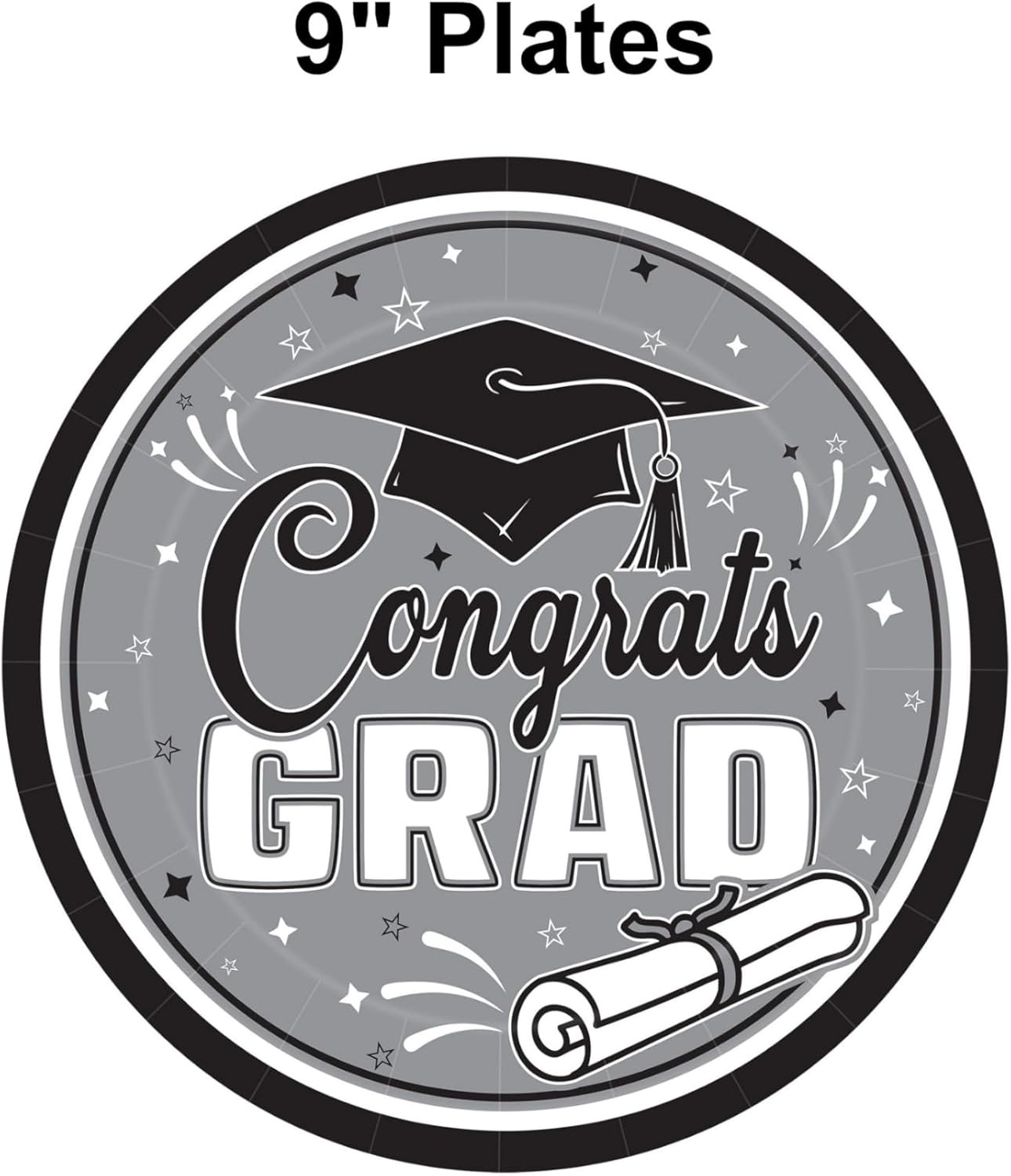 image:imageBeistle Black amp Gray Congrats Grad Paper Plates 18 Pack Graduation Disposable Party Tableware with Cap and Diploma Design Round Dinner Plates for Commencement Celebrations and Graduate Parties 9