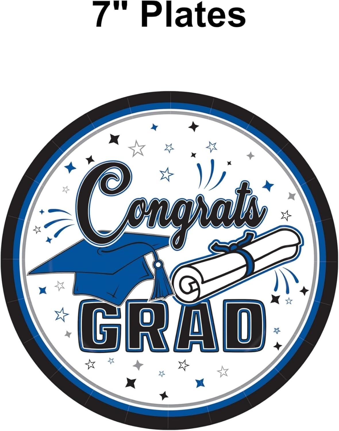 image:imageBeistle Blue Congrats Grad Paper Plates 36 Pack Graduation Disposable Party Tableware with Cap and Diploma Design Round Dinner Plates for Commencement Celebrations and Graduate Parties 7Blue Black White Gray