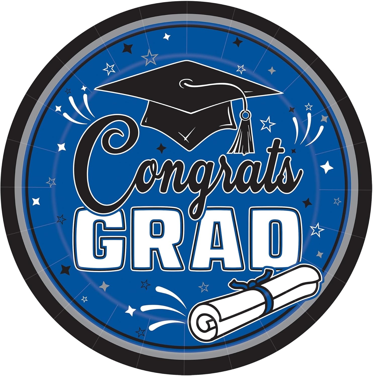 image:imageBeistle Blue Congrats Grad Paper Plates 36 Pack Graduation Disposable Party Tableware with Cap and Diploma Design Round Dinner Plates for Commencement Celebrations and Graduate Parties 7Blue Black White Gray