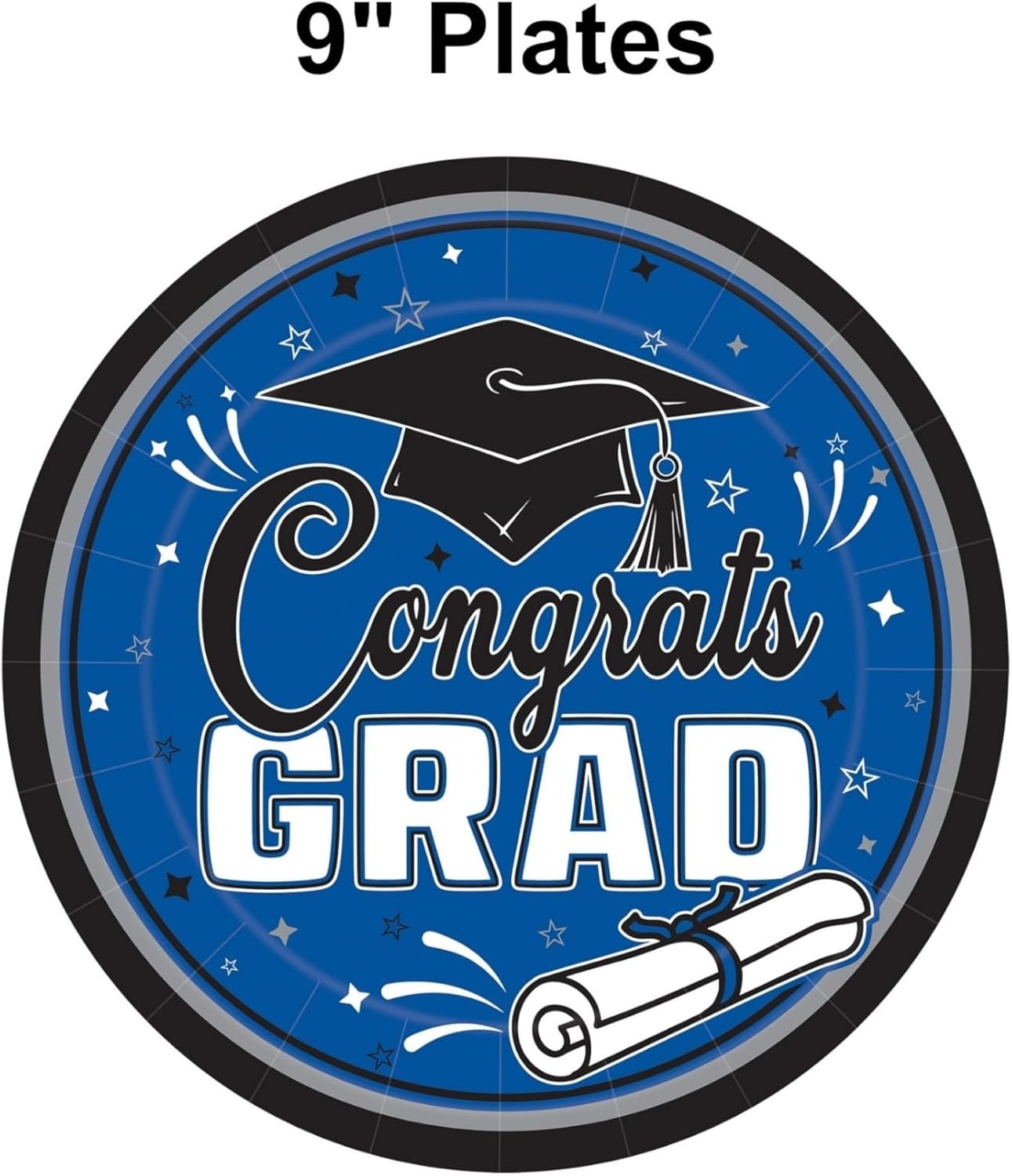 image:imageBeistle Blue Congrats Grad Paper Plates 36 Pack Graduation Disposable Party Tableware with Cap and Diploma Design Round Dinner Plates for Commencement Celebrations and Graduate Parties 7Blue Black White Gray