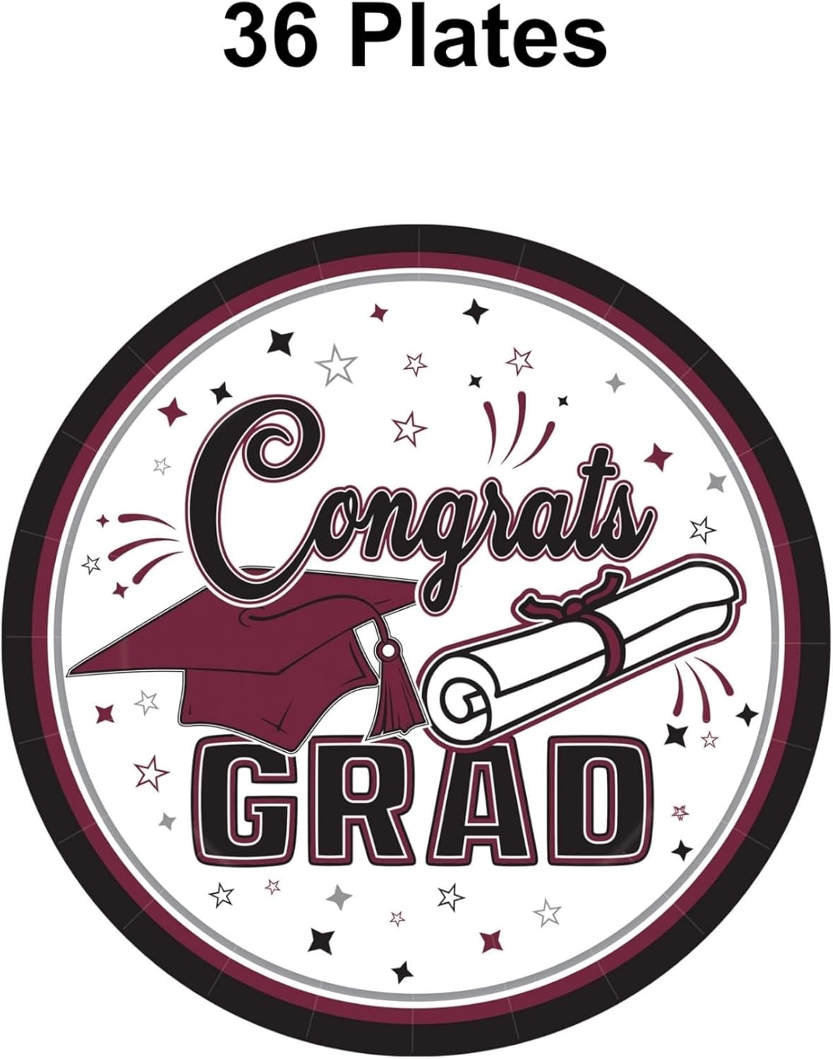 image:imageBeistle Burgundy Congrats Grad Paper Plates 36 Pack Graduation Disposable Party Tableware with Cap and Diploma Design Round Dinner Plates for Commencement Celebrations and Graduate Parties 7Burgundy Black White Gray