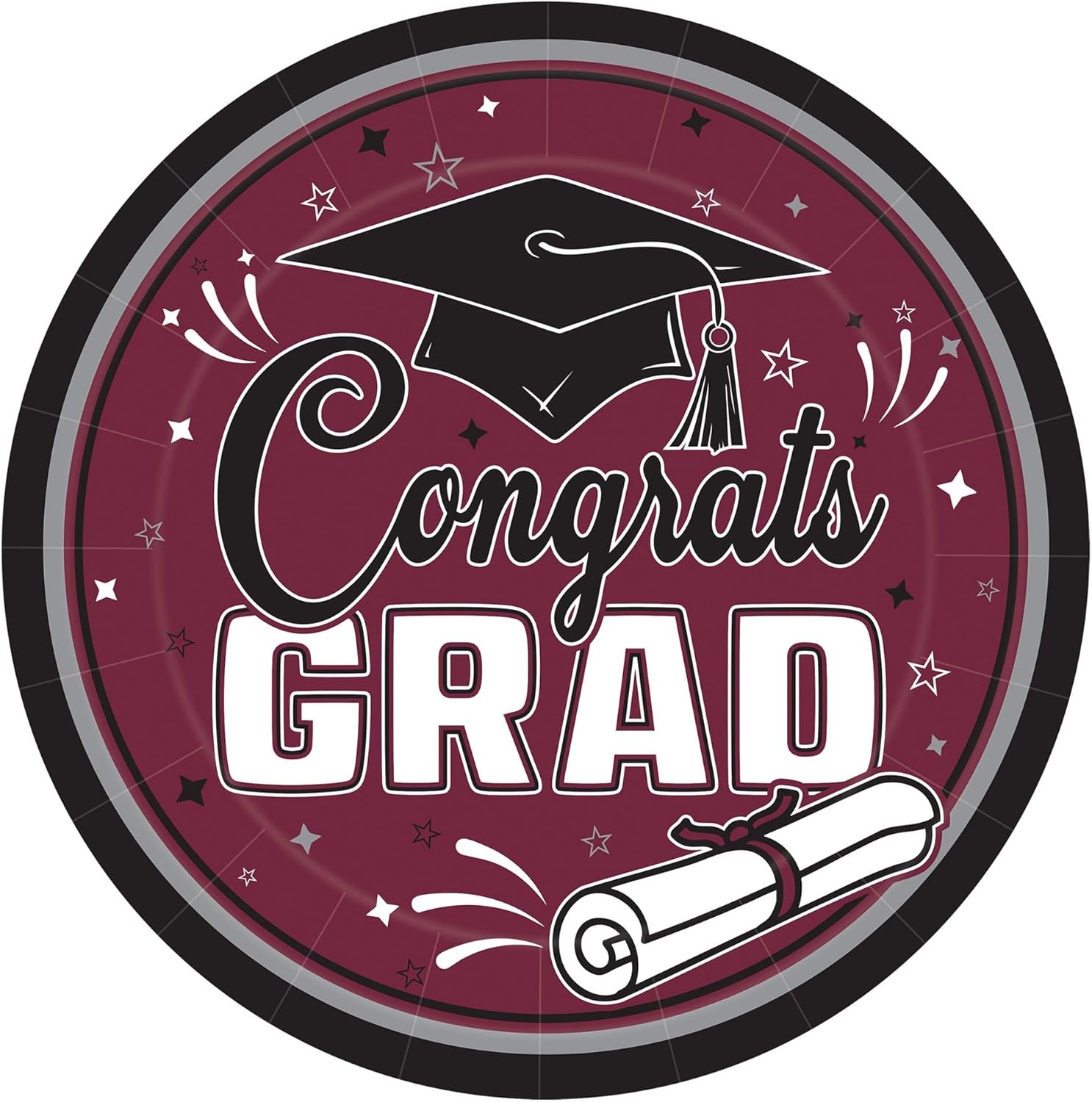 image:imageBeistle Burgundy Congrats Grad Paper Plates 36 Pack Graduation Disposable Party Tableware with Cap and Diploma Design Round Dinner Plates for Commencement Celebrations and Graduate Parties 7Burgundy Black White Gray