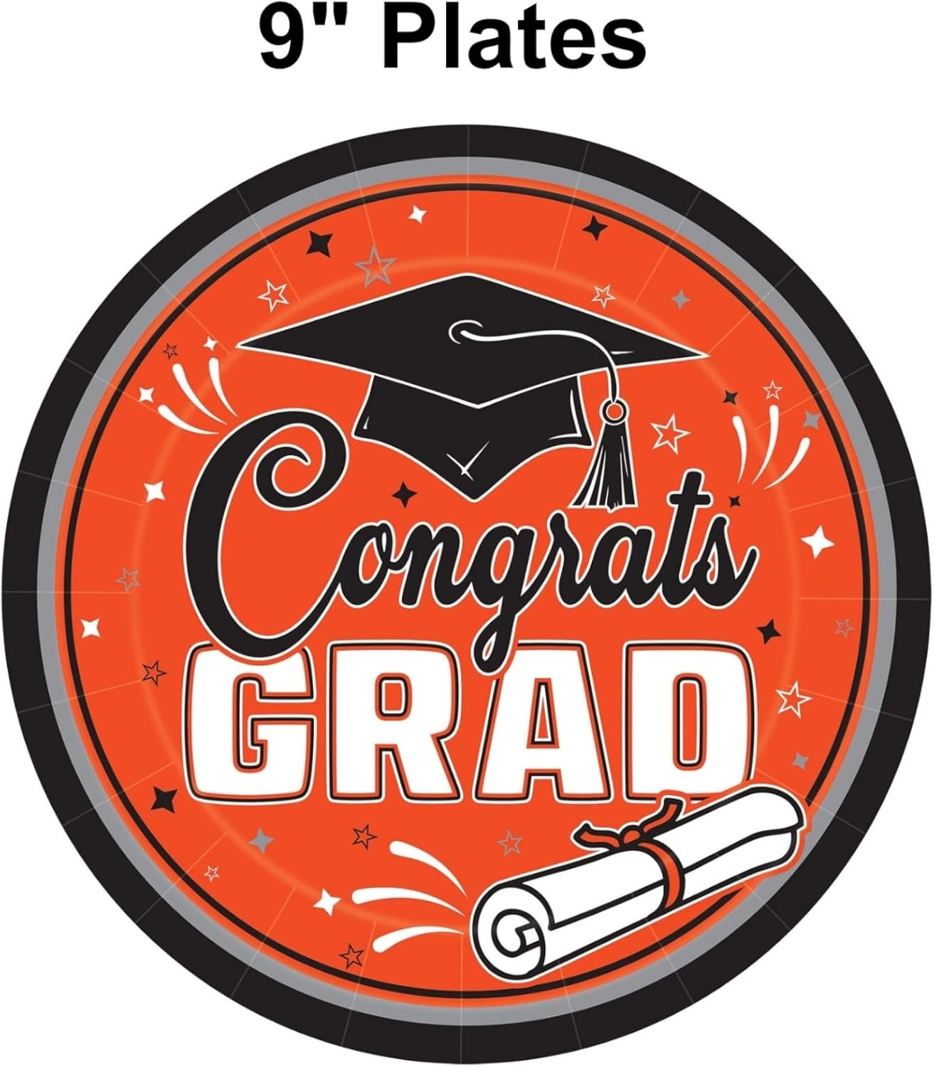 image:imageBeistle Orange Congrats Grad Paper Plates 18 Pack Graduation Disposable Party Tableware with Cap and Diploma Design Round Dinner Plates for Commencement Celebrations and Graduate Parties 9Orange Black White Gray