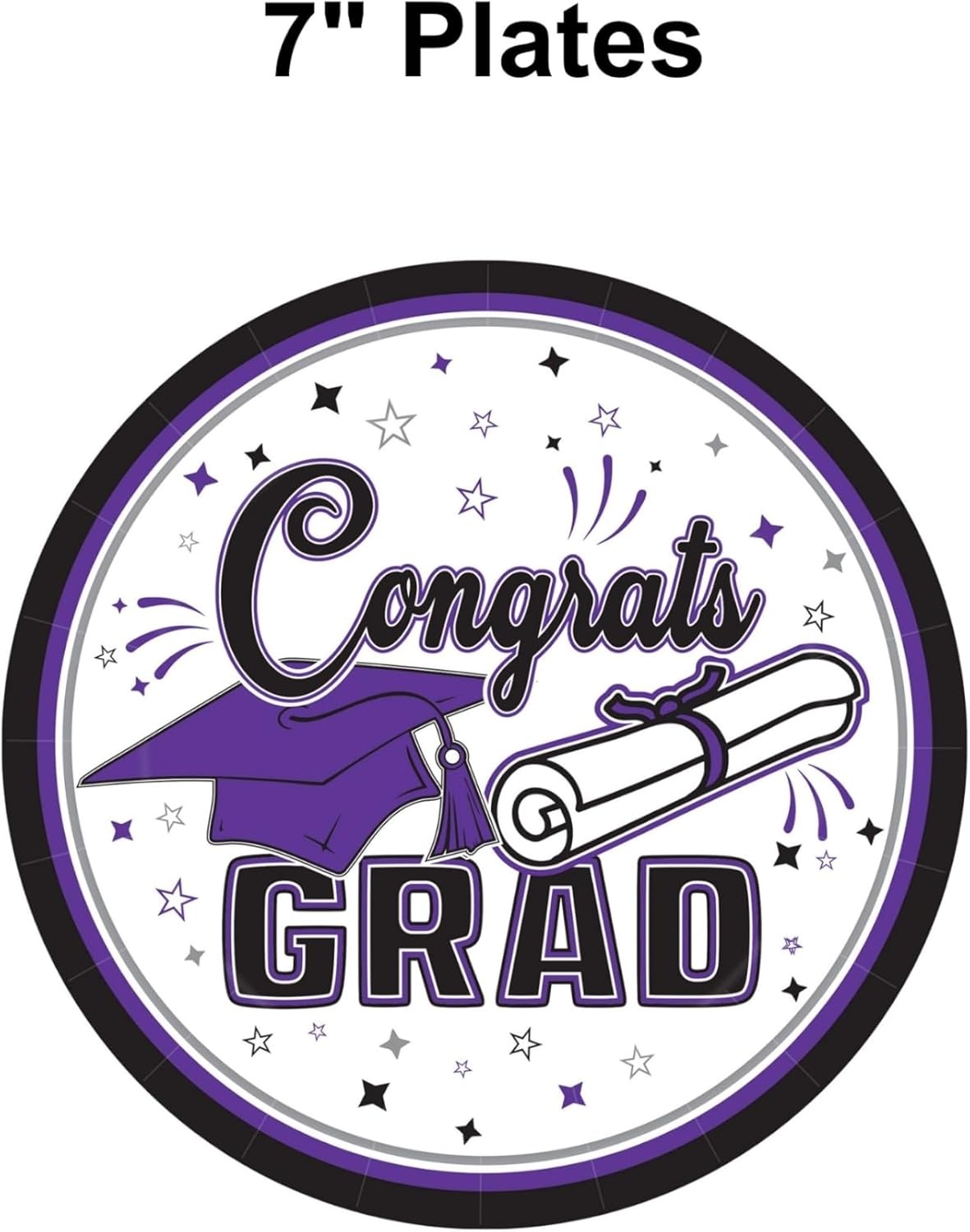 image:imageBeistle Purple Congrats Grad Paper Plates 36 Pack Graduation Disposable Party Tableware with Cap and Diploma Design Round Dinner Plates for Commencement Celebrations and Graduate Parties 7Purple Black White Gray