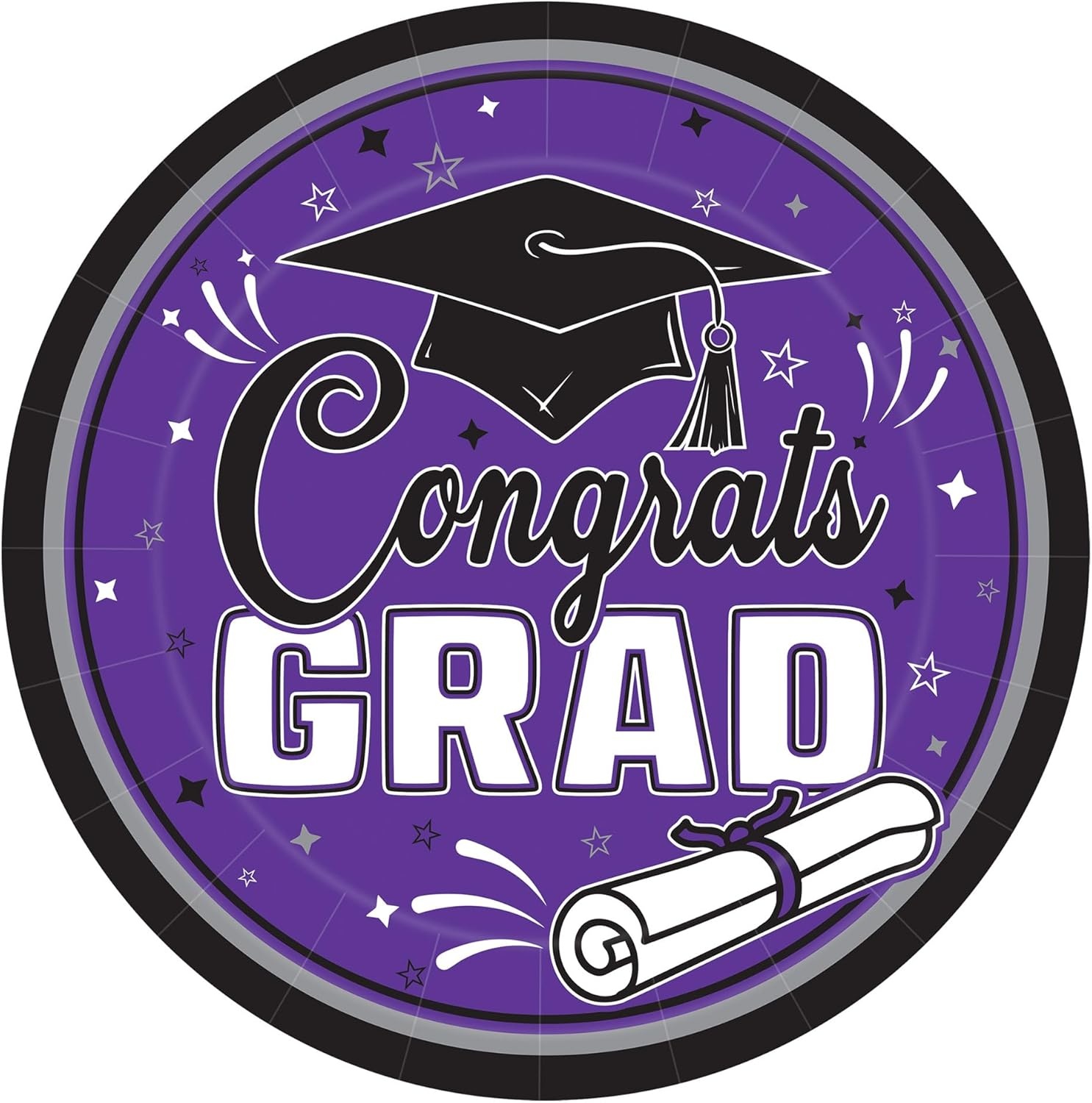 image:imageBeistle Purple Congrats Grad Paper Plates 36 Pack Graduation Disposable Party Tableware with Cap and Diploma Design Round Dinner Plates for Commencement Celebrations and Graduate Parties 7Purple Black White Gray